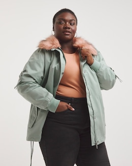 Khaki Colour Contrast Fur Short Parka