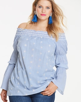 Blue Stripe Broderie Bardot