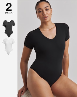 MAGISCULPT 2 Pack Light Control Smoothing V-Neck T-Shirt Bodysuits Black/White