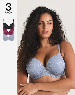 Pretty Secrets (3 Pack) Animal Lace T-Shirt Bras (B-F) Black/Grey/Pink