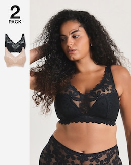 Pretty Secrets 2 Pack Daisy Lace Non Wired Padded Bras B-F Black/Almond