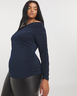 Navy Ruched Off The Shoulder Top