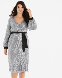 Little Mistress Sequin Wrap Midi Dress with Velvet Trims