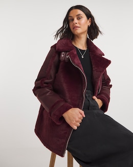 Burgundy Faux Fur Hybrid Aviator Jacket