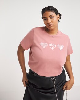 Pink Heart Print Slogan Tee