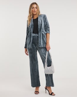 Silver Grey Pleated Velour Wide Leg Trousers