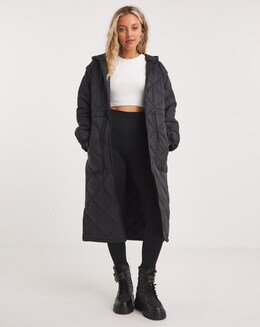 Black Adjustable Waist Quilted Coat
