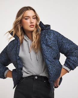 Leopard Print Chevron Short Puffer Coat