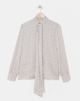Flounce London Off White Black Spot Satin Tie Neck Blouse
