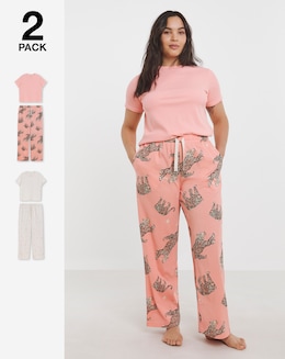 2 Pack Ribbed T Shirt Pyjama Sets