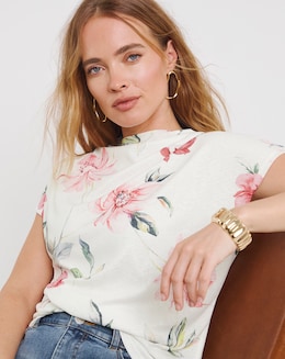 Pink &amp; White Floral Slash Neck Mesh Top
