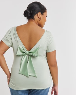 Sage Short Sleeve Satin Bow Back Top