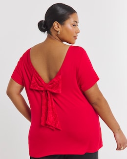 Red Short Sleeve Lace Bow Back Top