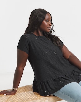 Black Broderie Cap Sleeve Peplum Top