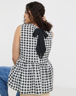 Black &amp; White Gingham Peplum Bow Back Top