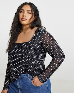 Black &amp; White Ditsy Spot Print Square Neck Mesh Top