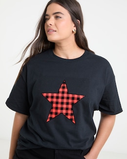 Black &amp; Red Check Print Star Graphic Oversized T-Shirt