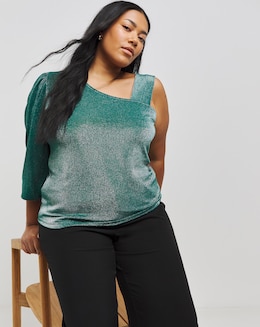 Teal Glitter Knit One Shoulder Top