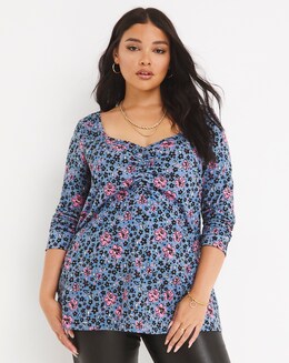 Blue Floral Supersoft Ruched Swing Top