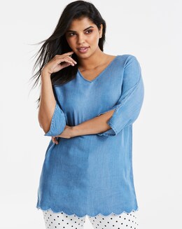 Mid Blue Soft Lyocell Denim V-Neck Slit Sleeve Tunic