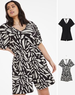 2 Pack Abstract Print/Black Angel Sleeve Playsuits