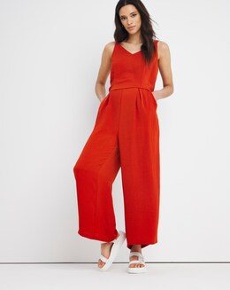 Terracotta Tie Waist Wide Leg Jumpsuit with Pockets
