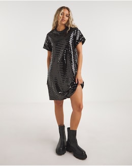 Black Sequin T-Shirt Dress