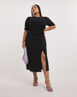 Black Slinky Ruched Midi Dress