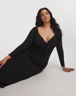 Black Corset Detail Rib Midi Dress