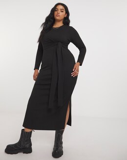 Black Ribbed Tie Front Midi Dress