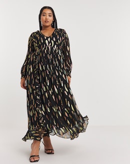 Plunge Neckline Rainbow Foil Jacquard Midi Dress