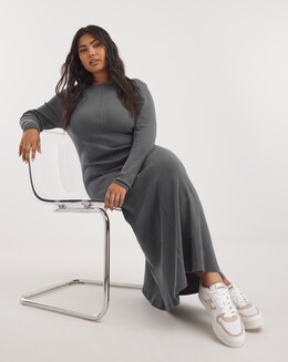 Grey Long Sleeve Contrast Stitch Ribbed Midaxi Column Dress