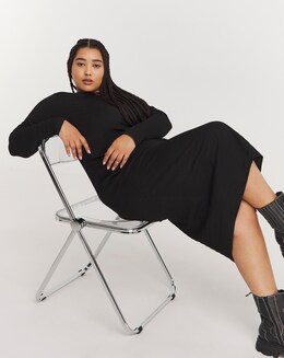 Black Long Sleeve Textured Jersey Midi Column Dress