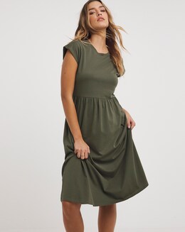 Khaki Jersey Midi Dress