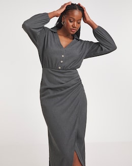 Charcoal Textured Jersey Wrap Front Midi Shirt Dress