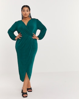 Forest Green Slinky Wrap Front Midi Dress