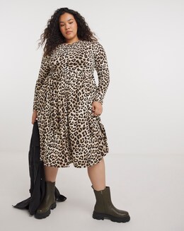 Leopard Print Long Sleeve Supersoft Midi Dress With Pockets