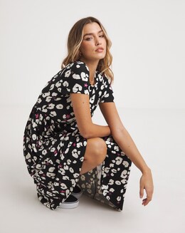 Black Animal And Star Print Supersoft Midi Dress With Pockets