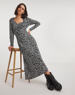 Black Ditsy Print Supersoft Jersey Ruched Front Midi Dress