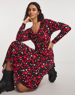 Heart And Animal Print Supersoft Jersey Ruched Front Midi Dress