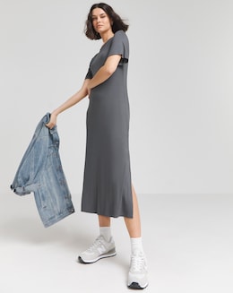 Grey Viscose Elastane T-Shirt Midi Dress