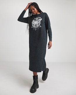 Acid Wash Long Sleeve Celestial Graphic T-Shirt Dress
