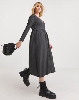 Charcoal Waffle Button up Midi Dress