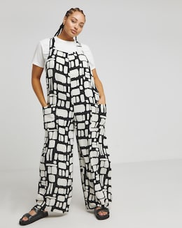 Mono Print Crinkle Wide Leg Jumpsuit With Pockets