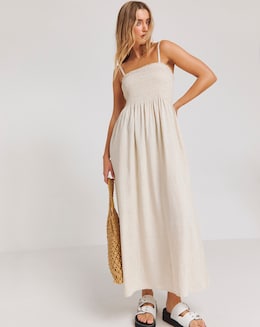 Stone Shirred Bandeau Linen Blend Midi Dress