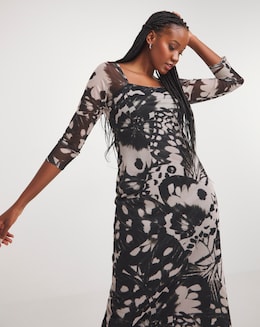 Blurred Mono Floral Square Neck Mesh Column Dress