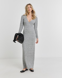 Grey Cosy Rib Wrap Front Midaxi Dress