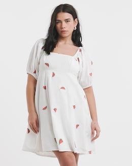 White Poplin Embroidered Fruit Skater Dress