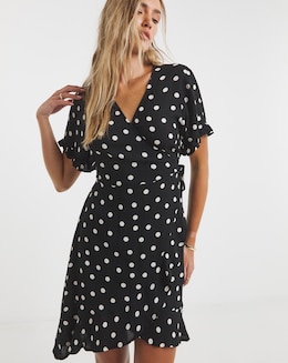 Spot Print Crinkle Wrap Front Skater Dress