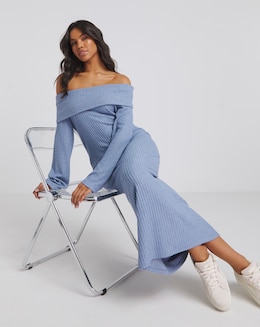 Blue Cosy Rib Bardot Maxi Dress
